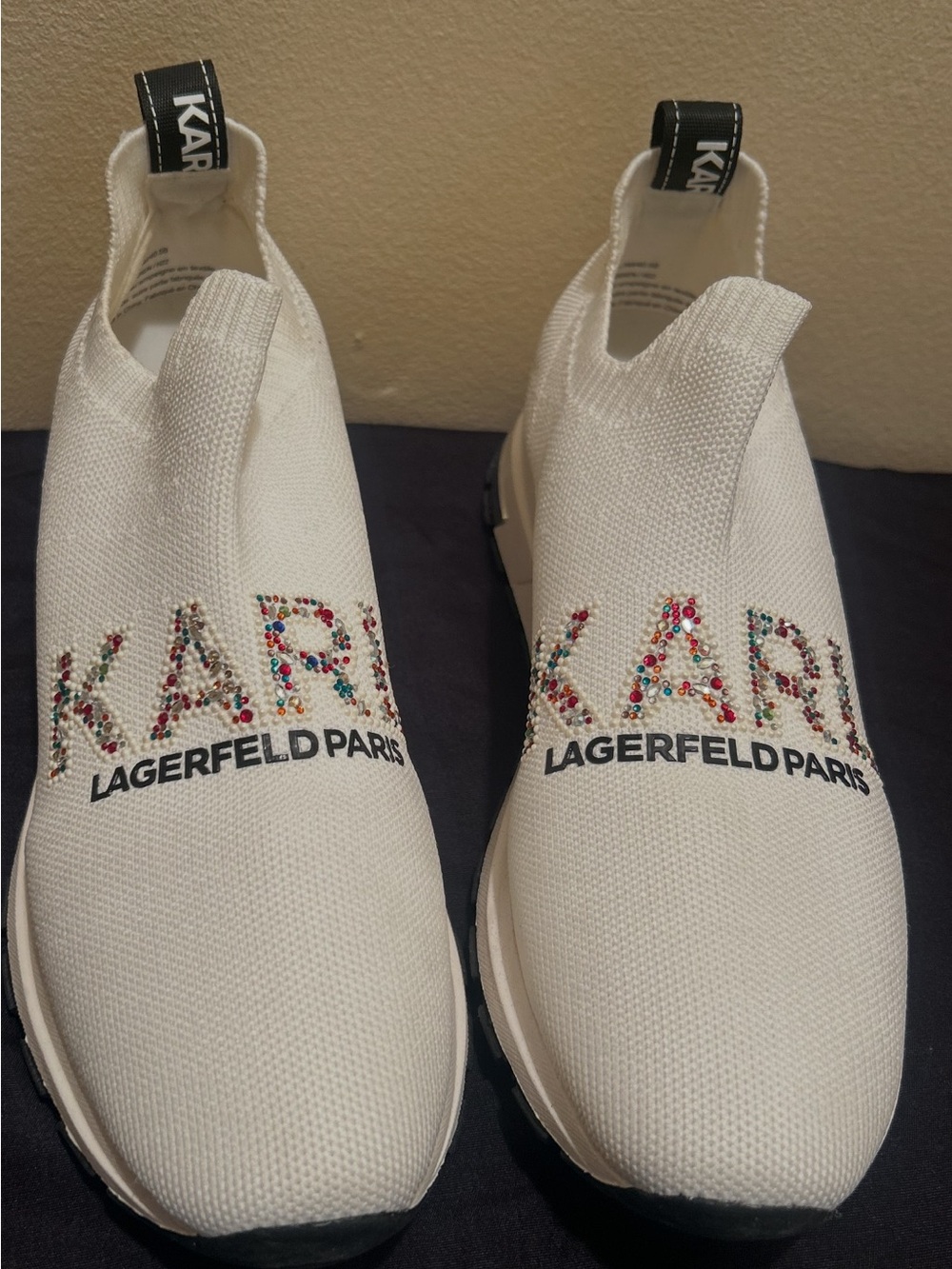 Karl Lagerfeld White Slip-On Knit Sneakers with Multicolor Crystal KARL Logo